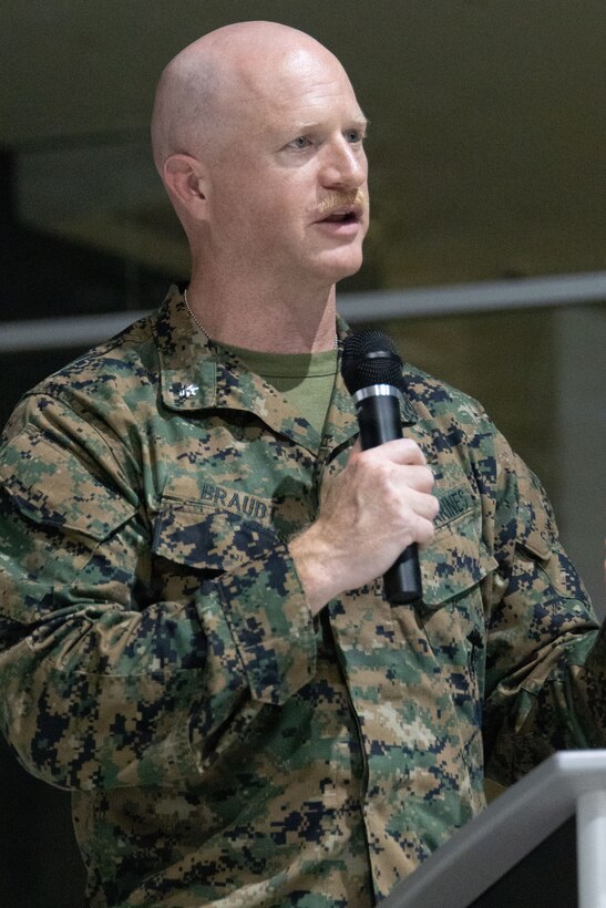 The commanding officer of Marine Fighter Attack Squadron (VMFA) 225, U.S. Marine Corps Forces, South, gives a speech during the Marine Corps’ 250th birthday ceremony at Jose Aponte de la Torre Airport in Ceiba, Puerto Rico, Nov. 14, 2025. U.S. military forces are deployed to the Caribbean in support of the U.S. Southern Command mission, Department of War-directed operations, and the president’s priorities to disrupt illicit drug trafficking and protect the homeland. (U.S. Marine Corps photo)