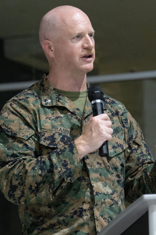 The commanding officer of Marine Fighter Attack Squadron (VMFA) 225, U.S. Marine Corps Forces, South, gives a speech during the Marine Corps’ 250th birthday ceremony at Jose Aponte de la Torre Airport in Ceiba, Puerto Rico, Nov. 14, 2025. U.S. military forces are deployed to the Caribbean in support of the U.S. Southern Command mission, Department of War-directed operations, and the president’s priorities to disrupt illicit drug trafficking and protect the homeland. (U.S. Marine Corps photo)