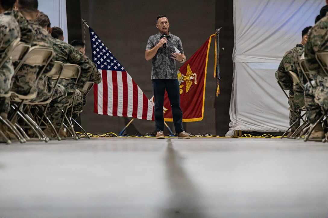 U.S. Marine Corps. Col. Chad Vaughn (Ret.), former commanding officer of Marine Aircraft Group 13, 3rd Marine Aircraft Wing, speaks to Marines with Marine Fighter Attack Squadron (VMFA) 225 during the Marine Corps’ 250th birthday ceremony at Jose Aponte de la Torre Airport in Ceiba, Puerto Rico, Nov. 14, 2025. U.S. military forces are deployed to the Caribbean in support of the U.S. Southern Command mission, Department of War-directed operations, and the president’s priorities to disrupt illicit drug trafficking and protect the homeland. (U.S. Marine Corps photo)