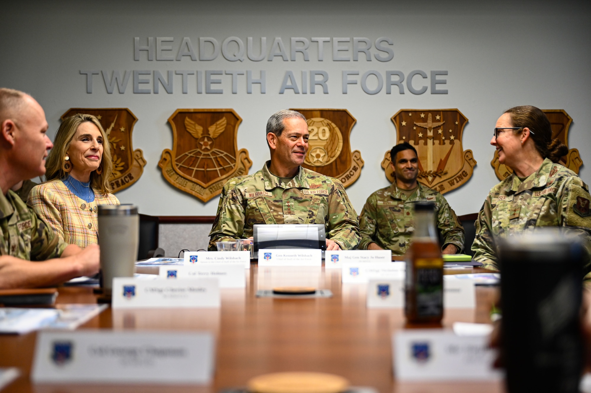 U.S. Air Force Chief of Staff Gen. Ken Wilsbach and his wife, Ms. Cindy Wilsbach, attend a brief at the 20th Air Force headquarters building at F.E. Warren Air Force Base, Wyoming, Nov. 20, 2025.