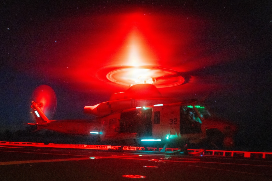 A U.S. Marine Corps UH-1Y Venom helicopter with Marine Medium Tiltrotor Squadron (VMM) 263 (Reinforced), 22nd Marine Expeditionary Unit (Special Operations Capable), lands aboard San Antonio-class amphibious transport dock USS Fort Lauderdale (LPD 28) while underway in the Caribbean Sea, Nov. 17, 2025. U.S. military forces are deployed to the Caribbean in support of the U.S. Southern Command mission, Department of War-directed operations, and the president's priorities to disrupt illicit drug trafficking and protect the homeland. (U.S. Marine Corps photo)