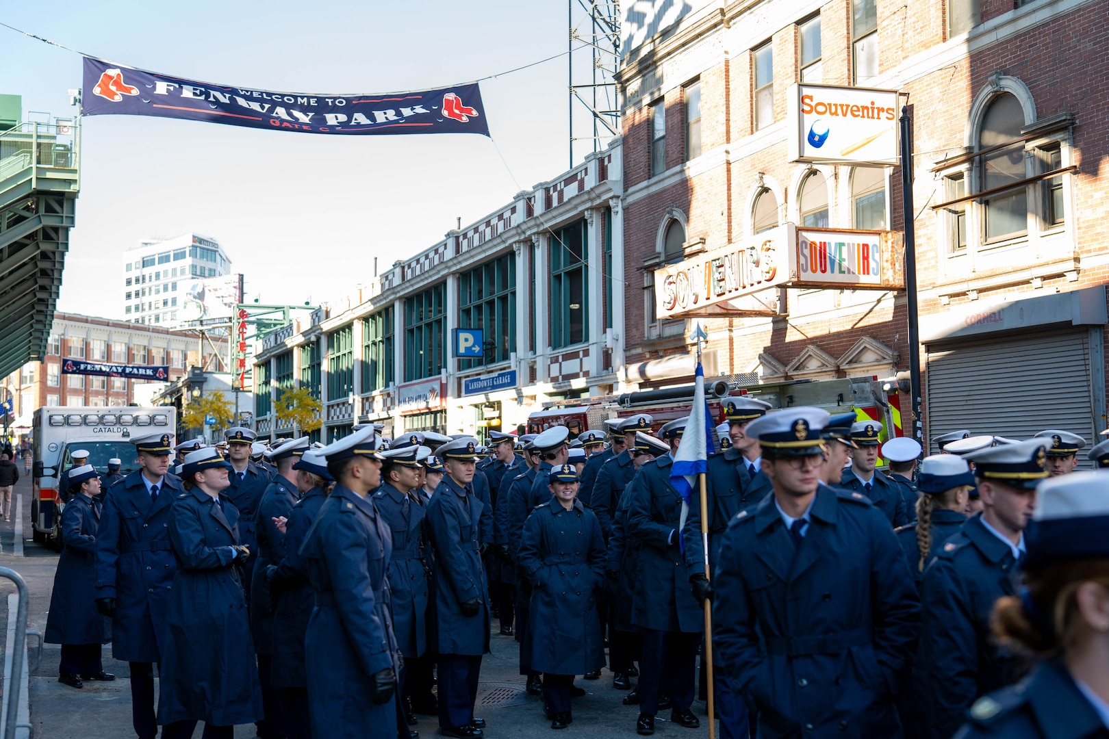 U.S. Coast Guard Academy (USCGA) cadets prepare to walk onto the field during the 54th Secretaries’ Cup at Fenway Park, Boston, Nov. 15, 2025. This is the first time USCGA and the U.S. Merchant Marine Academy have played outside of their home fields for a Secretaries’ Cup game. (U.S. Coast Guard photo by Petty Officer Second Class Janessa Warshckow.)