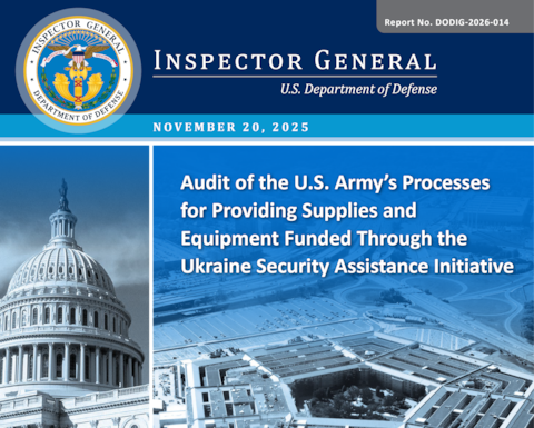 Audit of the U.S. Army’s Processes for Providing Supplies and Equipment Funded Through the Ukraine Security Assistance Initiative (Report No. DODIG-2026-014) 

The objective of this audit was to assess the effectiveness of the DoD’s processes for ensuring the quality and timeliness of supplies and equipment provided to the Ukrainian Armed Forces (UAF) funded through the Ukraine Security Assistance Initiative (USAI). This is one in a series of two reports on this topic and relates to the U.S. Army’s processes.