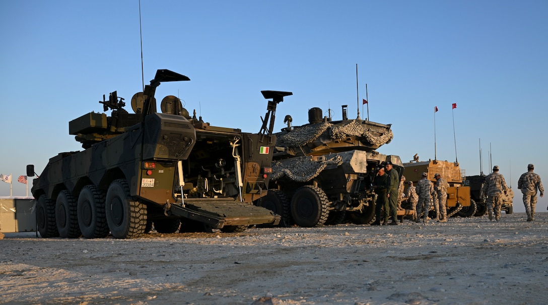 Military equipment from Qatar, Italy, the United Kingdom, Turkey and France is displayed during exercise Ferocious Falcon 6 within the U.S. Central Command area of responsibility, Nov. 20, 2025. Ferocious Falcon 6 is a biennial, Qatar-hosted multinational joint exercise designed to enhance lethality and combat efficiency among U.S. and allied forces. (U.S. Air Force photo by Senior Master Sgt. Richard P. Ebensberger)