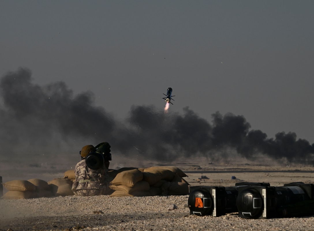 A member of the Qatar military fires a Javelin shoulder-fired anti-tank missile during the exercise Ferocious Falcon live-fire demonstration within the U.S. Central Command area of responsibility, Nov. 20, 2025. Ferocious Falcon 6 is a biennial, Qatar-hosted multinational joint exercise designed to enhance lethality and combat efficiency among U.S. and allied forces. (U.S. Air Force photo by Senior Master Sgt. Richard P. Ebensberger)