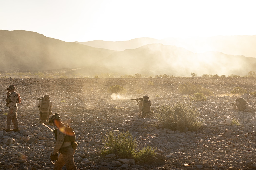 U.S. Marines with 1st Battalion, 8th Marine Regiment, 2nd Marine Division, conduct platoon attacks at Range 410A, Marine Corps Air Ground Combat Center, Twentynine Palms, California, Oct. 5, 2025. As part of the "400 series" ranges, Range 410A facilitates fully integrated, combined-arms training through maneuver and live-fire exercises at the company and platoon levels, supporting operations across all warfighting domains. (U.S. Marine Corps photo by Lance Cpl. Enge You)
