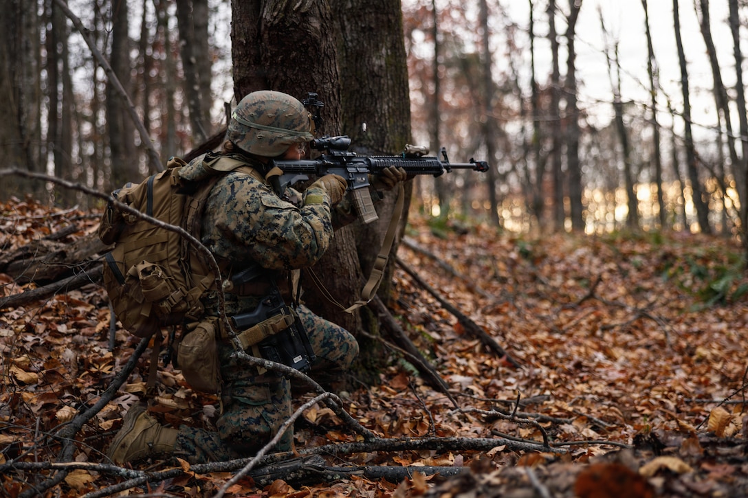 A U.S. Marine Corps student with Company D, Basic Officer Course 4-25, The Basic School, shoots an M16A4 rifle during the Warfighting Field Exercise at Marine Corps Base Quantico, Virginia, Nov. 19, 2025. The WARFEX serves as the culminating event at TBS, evaluating students’ proficiency in decision-making, small-unit tactics, and leadership as they operate under sustained physical and mental pressure in a realistic warfighting scenario. (U.S. Marine Corps photo by Cpl. Joshua Barker)