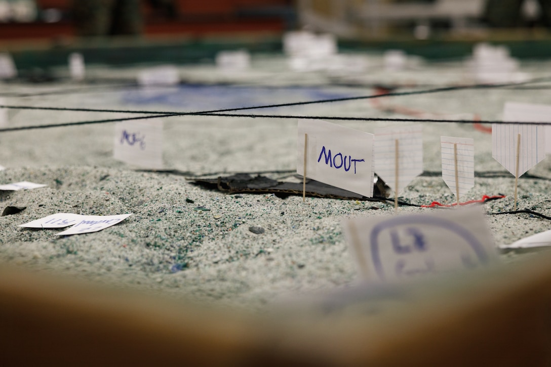 A sand table is displayed during a combat order during the warfighting field exercise at The Basic School, Marine Corps Base Quantico, Virginia, Nov. 17, 2025. The WARFEX serves as the culminating event at TBS, evaluating students’ proficiency in decision-making, small-unit tactics, and leadership as they operate under sustained physical and mental pressure in a realistic warfighting scenario. (U.S. Marine Corps photo by Cpl. Joshua Barker)
