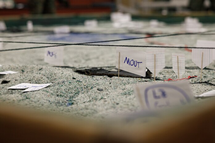 A sand table is displayed during a combat order during the warfighting field exercise at The Basic School, Marine Corps Base Quantico, Virginia, Nov. 17, 2025. The WARFEX serves as the culminating event at TBS, evaluating students’ proficiency in decision-making, small-unit tactics, and leadership as they operate under sustained physical and mental pressure in a realistic warfighting scenario. (U.S. Marine Corps photo by Cpl. Joshua Barker)
