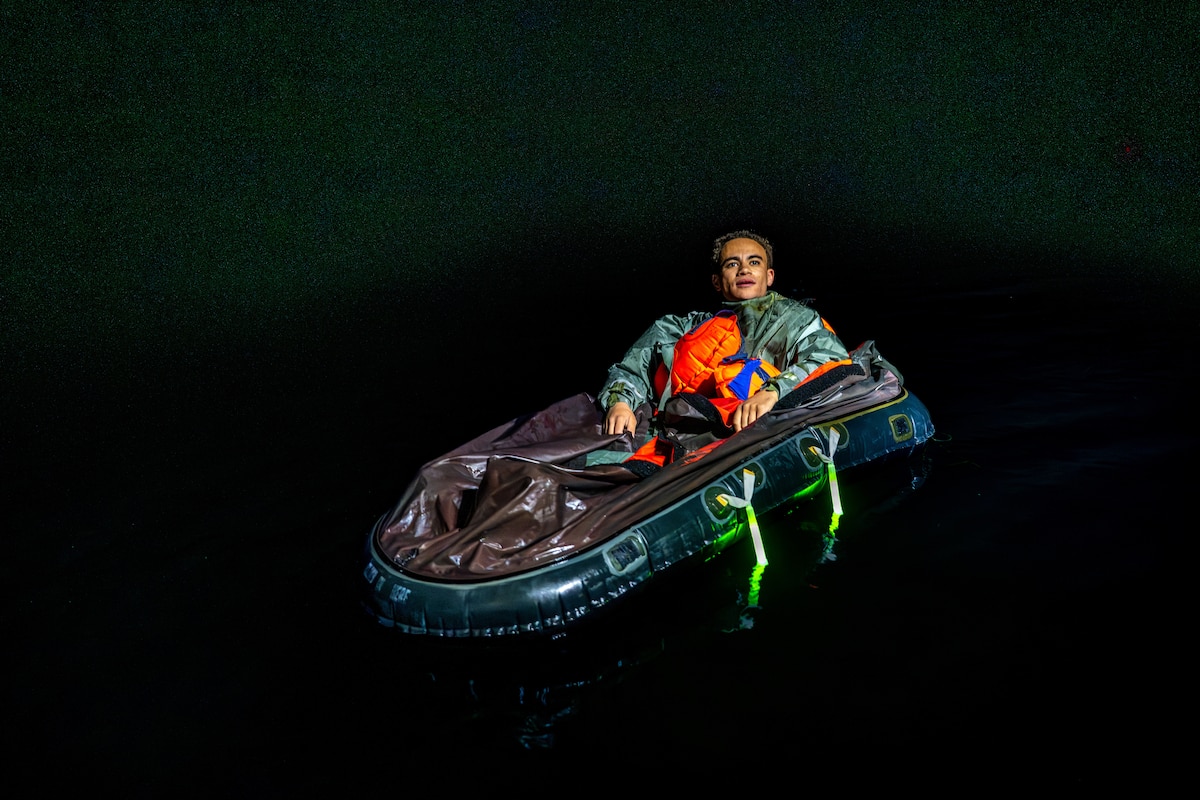 U.S. Air Force Staff Sgt. Blake Hawley, 23d Logistics Readiness Squadron air transportation function specialist floats in a raft during exercise PR Pulse in the Gulf of America on Nov. 19. 2025. Exercise PR Pulse demonstrated the vital role of the 347th Rescue Group’s personnel recovery operations in supporting the 23d Wing’s missions under realistic conditions for exercise Mosaic Tiger 26-1. (U.S. Air Force photo by Senior Airman Savannah Carpenter)