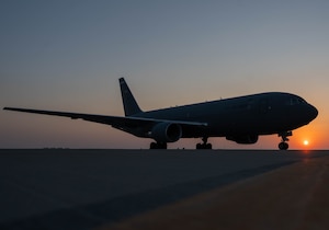 A U.S. Air Force KC-135 Stratotanker assigned to the 305th Air Mobility Wing's Mission Generation Force Element (MGFE), taxis on the flightline during sunset at an undisclosed location as part of the mobilization of the MGFE, which provided crucial air refueling support to U.S. and allied forces during a milestone seven-month contingency operation. The 305 AMW led and partnered with KC-46 and KC-135 air refueling teams and personnel from 16 Active Duty, Reserve and National Guard units, forming the largest Air Force MGFE in theater and the only MGFE to employ two major weapons systems. The MGFE achieved the highest sortie generation rate in theater, flying more than 3,600 KC-46 and KC-135 missions and offloading more than 150 million pounds of fuel to coalition aircraft supporting contingency operations for four combatant commands. (U.S. Air Force courtesy photo)