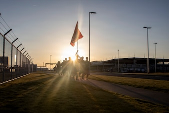 U.S. Marines with Marine Aircraft Group 12, 1st Marine Aircraft Wing, run in formation at Marine Corps Air Station Iwakuni, Japan, Nov. 7, 2025