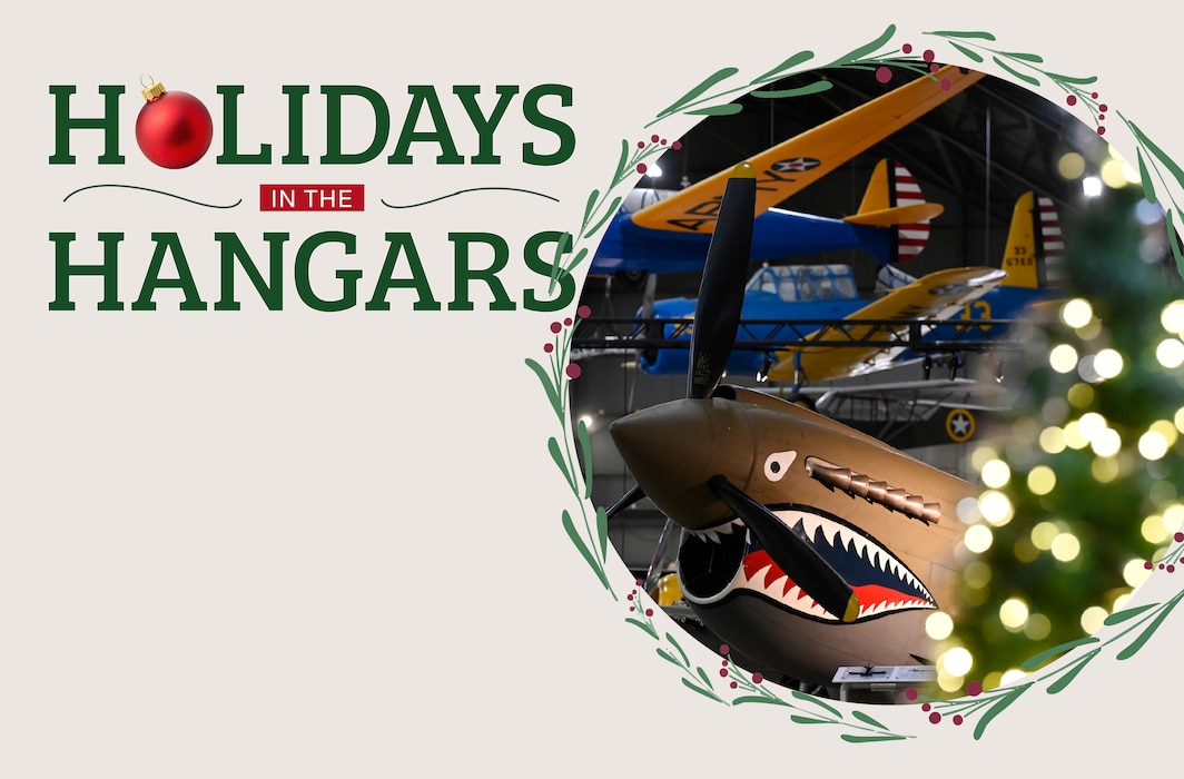Image of a P-38 aircraft in the museum with a lite holiday tree in the foreground and the words Holidays in the Hangars