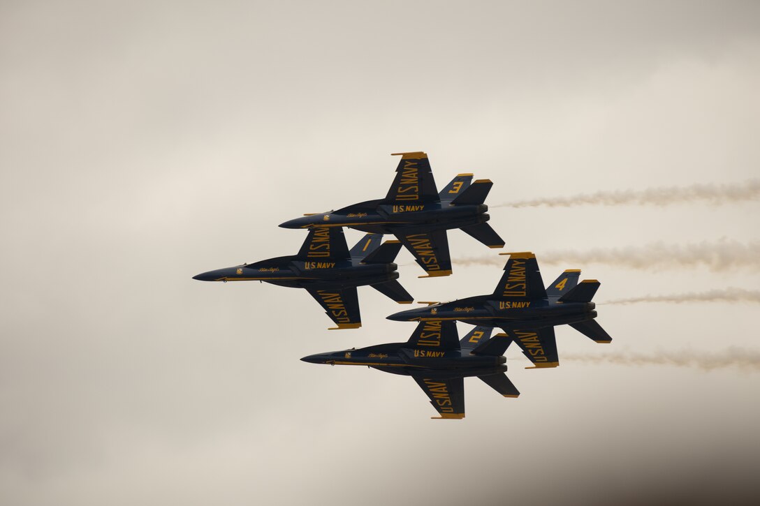 The U.S. Navy Blue Angels perform aerial maneuvers during the 2025 Marine Corps Air Station Miramar Airshow at MCAS Miramar in San Diego, California, Sept. 27, 2025. The MCAS Miramar Airshow provides a unique flightline experience with static displays and daytime shows that feature military demonstration teams, civilian acrobatic teams, aerial solo acts, vintage aircraft and warbirds. (U.S. Marine Corps photo by Sgt. Bruin Largent)