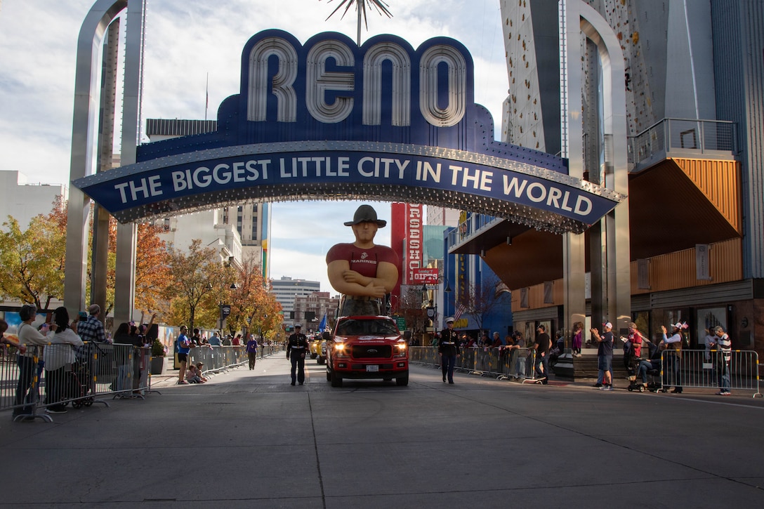 U.S. Marines with Recruiting Sub-Station Reno, Recruiting Station Sacramento, participate in the Reno Veterans Day parade in Reno, Nevada, Nov. 11, 2025. Marines participating in local community events support and bolster their relationships within the community and with local leaders, thus strengthening rapport and awareness between U.S. service members and the communities they serve. (U.S. Marine Corps photo by Staff Sgt. Ryan Harvey)