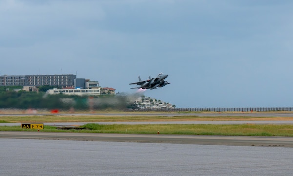 A Japan Air Self-Defense Force F-15J Eagle assigned to the 204th Fighter Squadron, takes off for a bilateral training mission with the U.S. Air Force at Naha Air Base, Japan, Nov. 19, 2025. The mission supported ongoing efforts to strengthen bilateral capability and maintain stability across the Indo-Pacific. (U.S. Air Force photo by Airman Nathaniel Jackson)