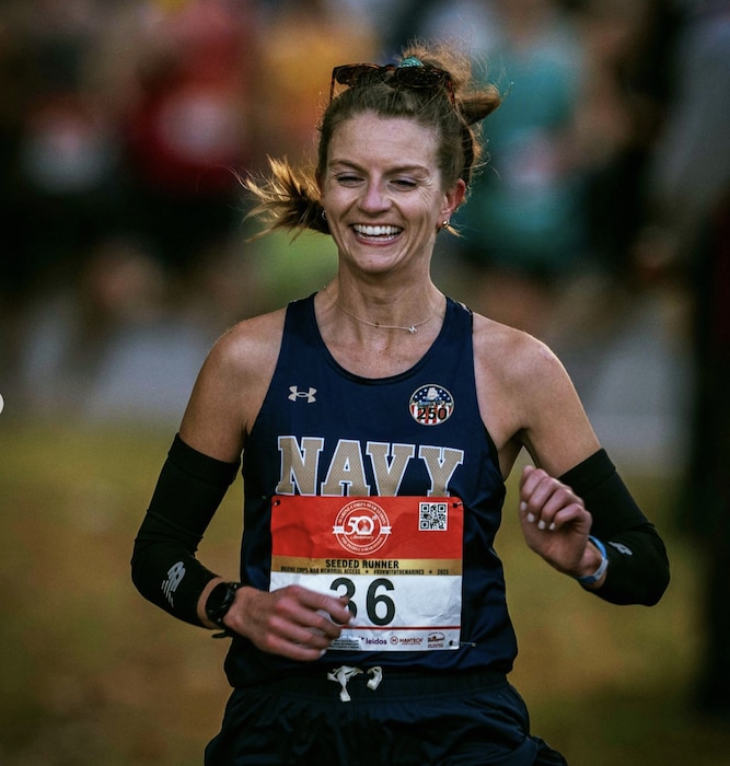 WASHINGTON, D.C., UNITED STATES - Lt. Megan Walsh, psychiatry resident at Navy Medicine Readiness and Training Command (NMRTC) San Diego and All-Navy Marathon Team Captain, pushes through mile after mile at the Armed Forces National Marathon Championship in Washington D.C., Oct. 26, 2025. Walsh previously took the individual gold medal in 2024, and this year secured the bronze, leading the Navy Women’s Marathon team to their second consecutive victory. (U.S. Navy photo contributed)