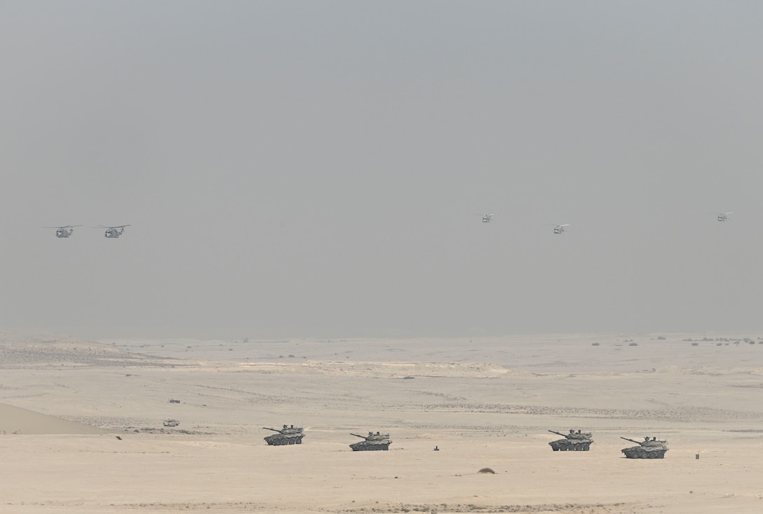 Military equipment from Qatar, Italy, the United Kingdom, Turkey and France is demonstrated during exercise Ferocious Falcon 6 within the U.S. Central Command area of responsibility, Nov. 20, 2025. Ferocious Falcon 6 is a biennial, Qatar-hosted multinational joint exercise designed to enhance lethality and combat efficiency among U.S. and allied forces. (U.S. Air Force photo by Senior Master Sgt. Richard P. Ebensberger)