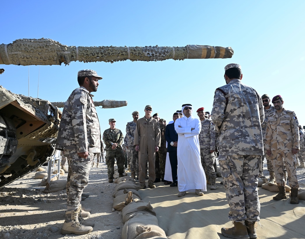 U.S. Air Force Lt. Gen. Derek France, Ninth Air Force (Air Forces Central) commander, left, Deputy Prime Minister and Minister of State for Defence Affairs Sheikh Saoud bin Abdulrahman bin Hassan bin Ali Al-Thani, and senior militray leaders tour military equipment during the exercise Ferocious Falcon 6 live-fire demonstration within the U.S. Central Command area of responsibility, Nov. 20, 2025. Ferocious Falcon 6 is a biennial, Qatar-hosted multinational joint exercise designed to enhance lethality and combat efficiency among U.S. and allied forces. (U.S. Air Force photo by Senior Master Sgt. Richard P. Ebensberger)