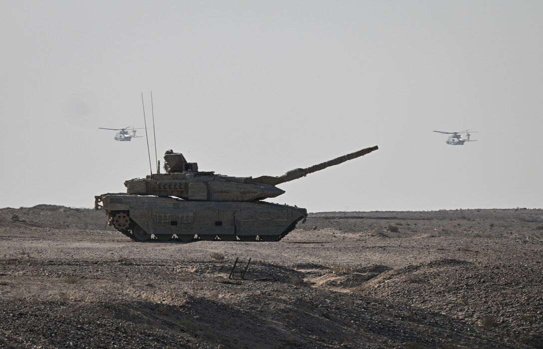 Military equipment from Qatar, Italy, the United Kingdom, Turkey and France is demonstrated during exercise Ferocious Falcon 6 within the U.S. Central Command area of responsibility, Nov. 20, 2025. Ferocious Falcon 6 is a biennial, Qatar-hosted multinational joint exercise designed to enhance lethality and combat efficiency among U.S. and allied forces. (U.S. Air Force photo by Senior Master Sgt. Richard P. Ebensberger)