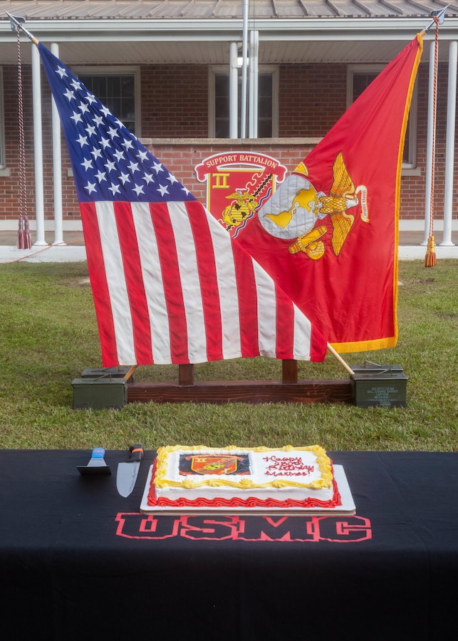 A cake is staged prior to a Marine Corps cake cutting ceremony at Marine Corps Base Camp Lejeune, North Carolina, Nov 7, 2025. Each year, a cake cutting ceremony is held to celebrate the illustrious history of the United States Marine Corps and to celebrate all Marines past and present. (U.S. Marine Corps photo by Lance Cpl. Weston Lindstrom.)