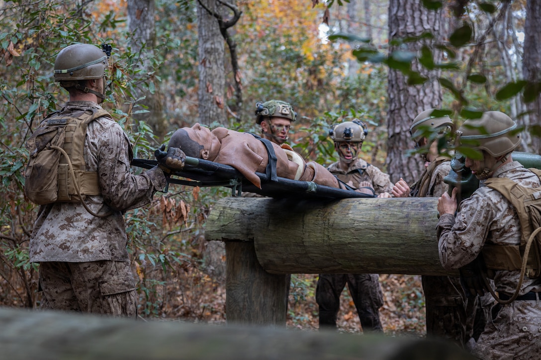 U.S. Marines with 2nd Combat Engineer Battalion, 2nd Marine Division carry casualty over obstacle during the Beast endurance course on Marine Corps Base Camp Lejeune, North Carolina, Nov. 20, 2025. The Sapper Leadership Course is held to provide small unit leaders with 2nd MARDIV the knowledge and ability to conduct squad level operations, increasing unit efficiency and warfighting capabilities. (U.S. Marine Corps photo by Lance Cpl. Carla Perez Ramirez)