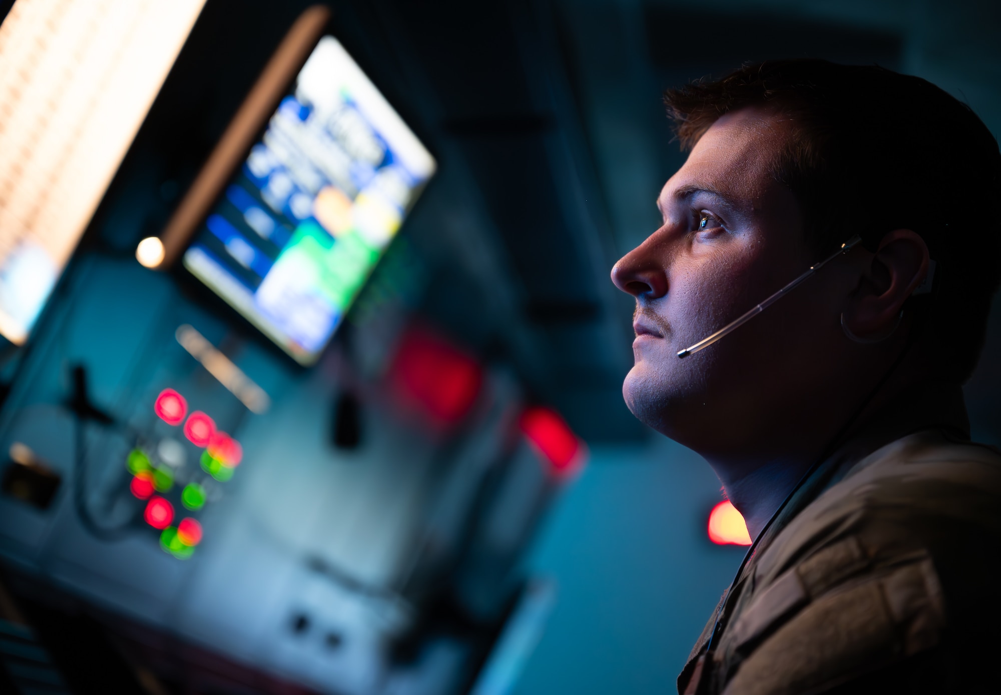 U.S. Air Force Senior Airman Jacob Holwegner, 86th Operations Support Squadron ground controlled approach control specialist, controls air traffic within Ramstein Airspace at Ramstein Air Base, Germany, Nov. 13, 2025. The Ground Controlled Approach facility manages a wider proximity of airspace around Ramstein that the Airmen in the tower cannot see. The GCA radar team sequences aircraft until they are roughly five miles outside the range of the flightline before they transition them to the tower who takes control of the final approach and landing. (U.S. Air Force photo by Senior Airman Jared Lovett)