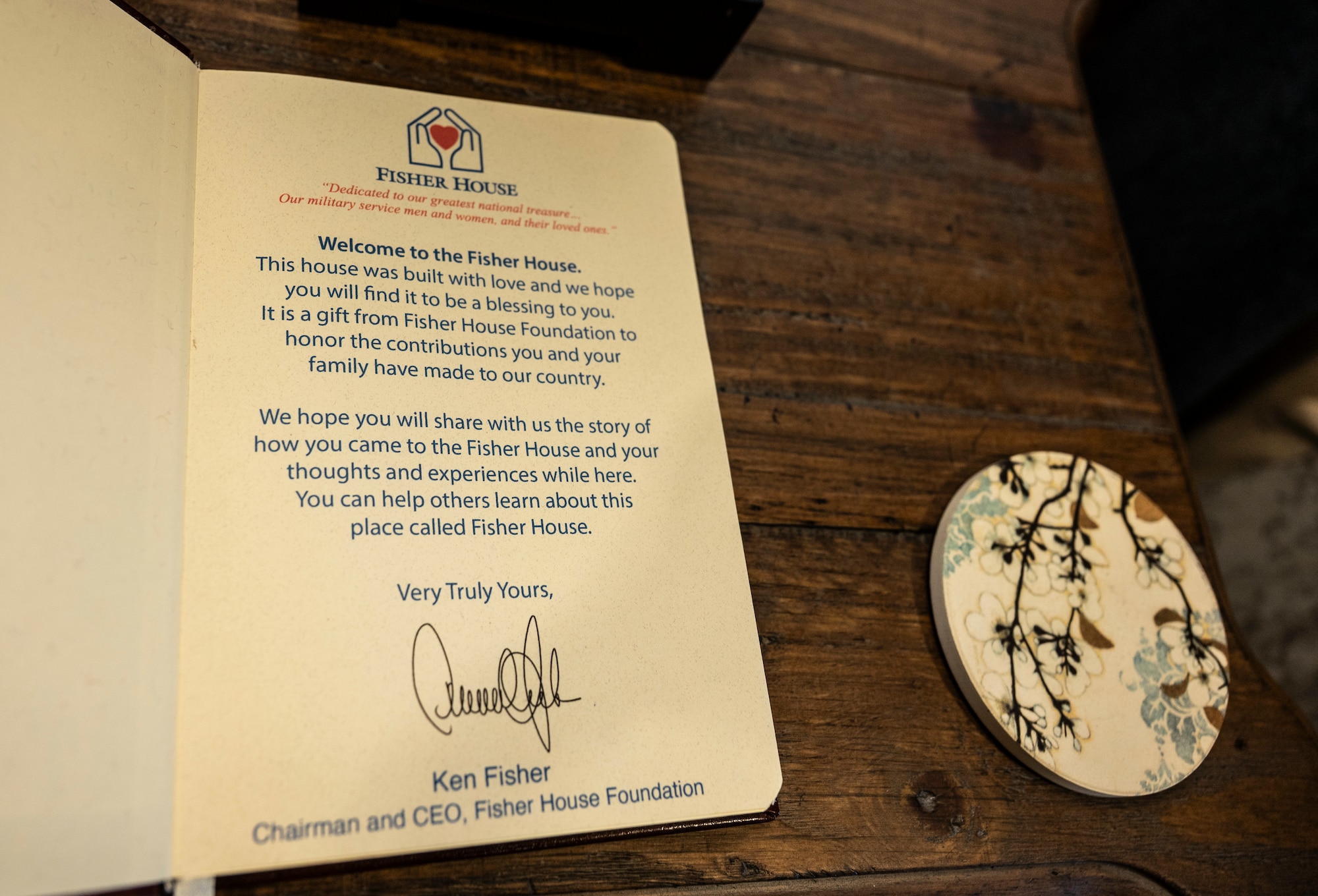 A diary provided inside the Dover Fisher House for Families of the Fallen, collects stories of visitors past and present for reflection at Dover Air Force Base, Delaware, Nov. 18, 2025. The 8,462 square foot house is equipped with nine suites that include private, handicapped-accessible bathrooms and common areas that include a multi-cooking station kitchen, and large communal dining and family rooms.(U.S. Air Force photo by Staff Sgt. Frank Rohrig)