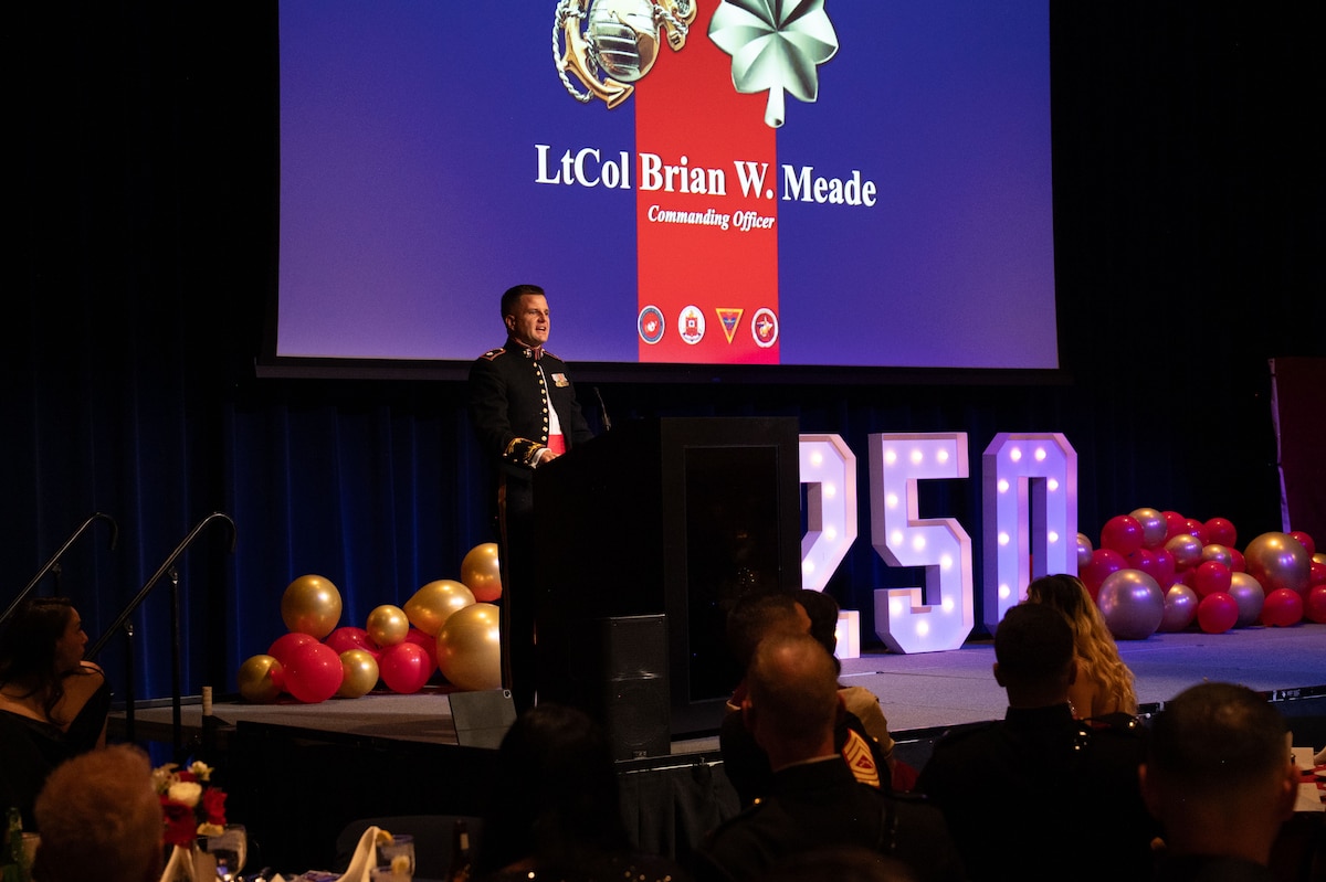 U.S. Marine Corps Lt. Col. Brian Meade, Marine Corps Detachment Goodfellow commanding officer, speaks during the 250th Marine Corps Ball at the CJ Davidson Conference Center in San Angelo, Texas, Nov. 22, 2025. Meade spoke on the importance of each individual Marine and how they contribute to the legacy of the Marine Corps. (U.S. Air Force photo by Airman 1st Class Brian Lummus)