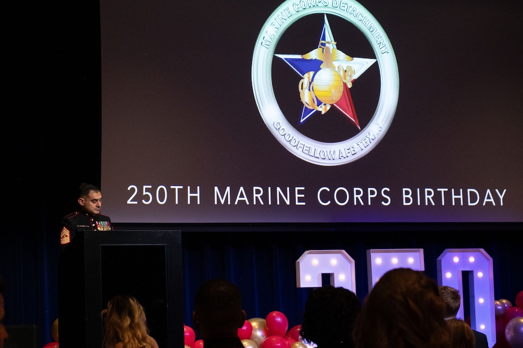 U.S. Marine Corps Master Gunnery Sgt. Samuel Castro Jr., senior enlisted advisor, information, speaks during the 250th Marine Corps Ball at the CJ Davidson Conference Center in San Angelo, Texas, Nov. 22, 2025. Castro spoke on the bond between West Texas and the Marine Corps and how that bond keeps the memory of fallen Marines alive. (U.S. Air Force photo by Airman 1st Class Brian Lummus)
