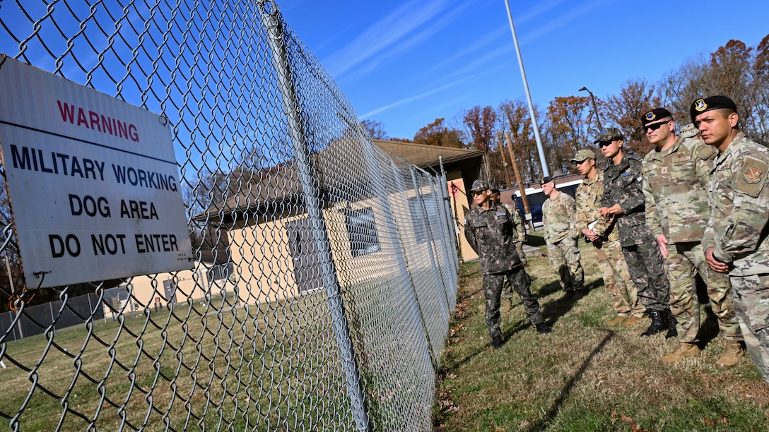U.S. Air Force and Republic of Korea Air Force military police leadership watch a 316th Security Forces Group military working dog demonstration at Joint Base Andrews, Maryland.