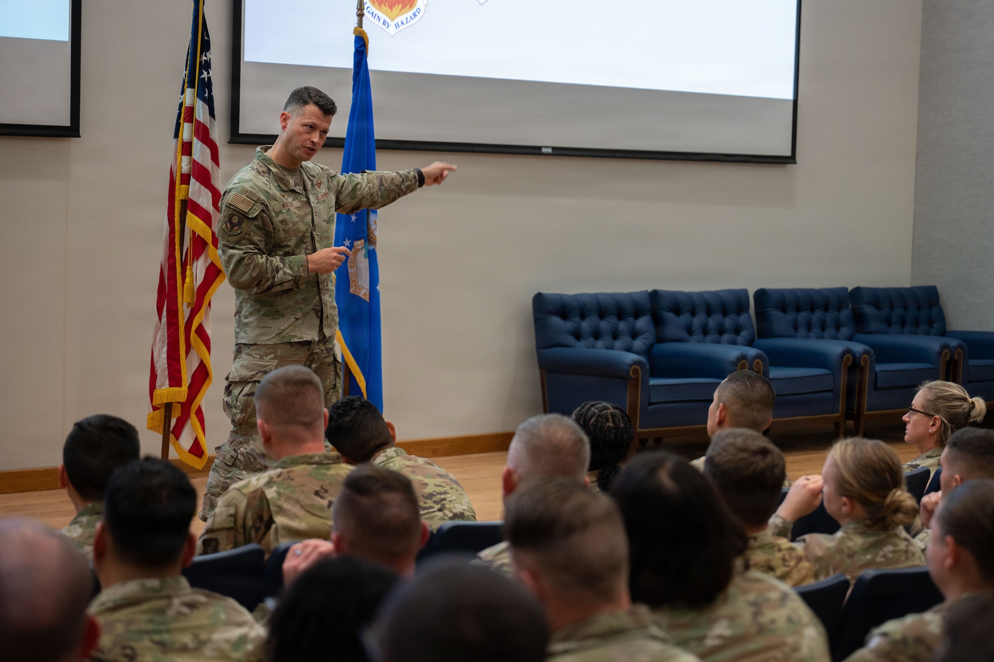 U.S. Air Force Col. Thomas Walsh, 21st Air Task Force commander, briefs 21st ATF and 21st Combat Air Base Squadron Airmen during Joint Pacific Multinational Readiness Center 26-01 at Joint Base Pearl Harbor-Hickam, Hawaii, Nov. 2, 2025. JPMRC 26-01 participants received briefings on exercise objectives, operational expectations, and logistics to ensure a unified approach throughout the exercise. (U.S. Air Force photo by Senior Airman Alondra Cristobal Hernandez)