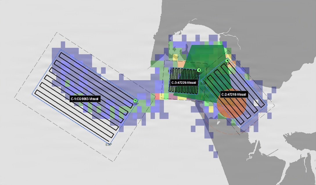 A graphic shows search patterns conducted by U.S. Coast Guard crews in the search for a missing boater near the Columbia River, Ore., Nov. 23, 2025.
