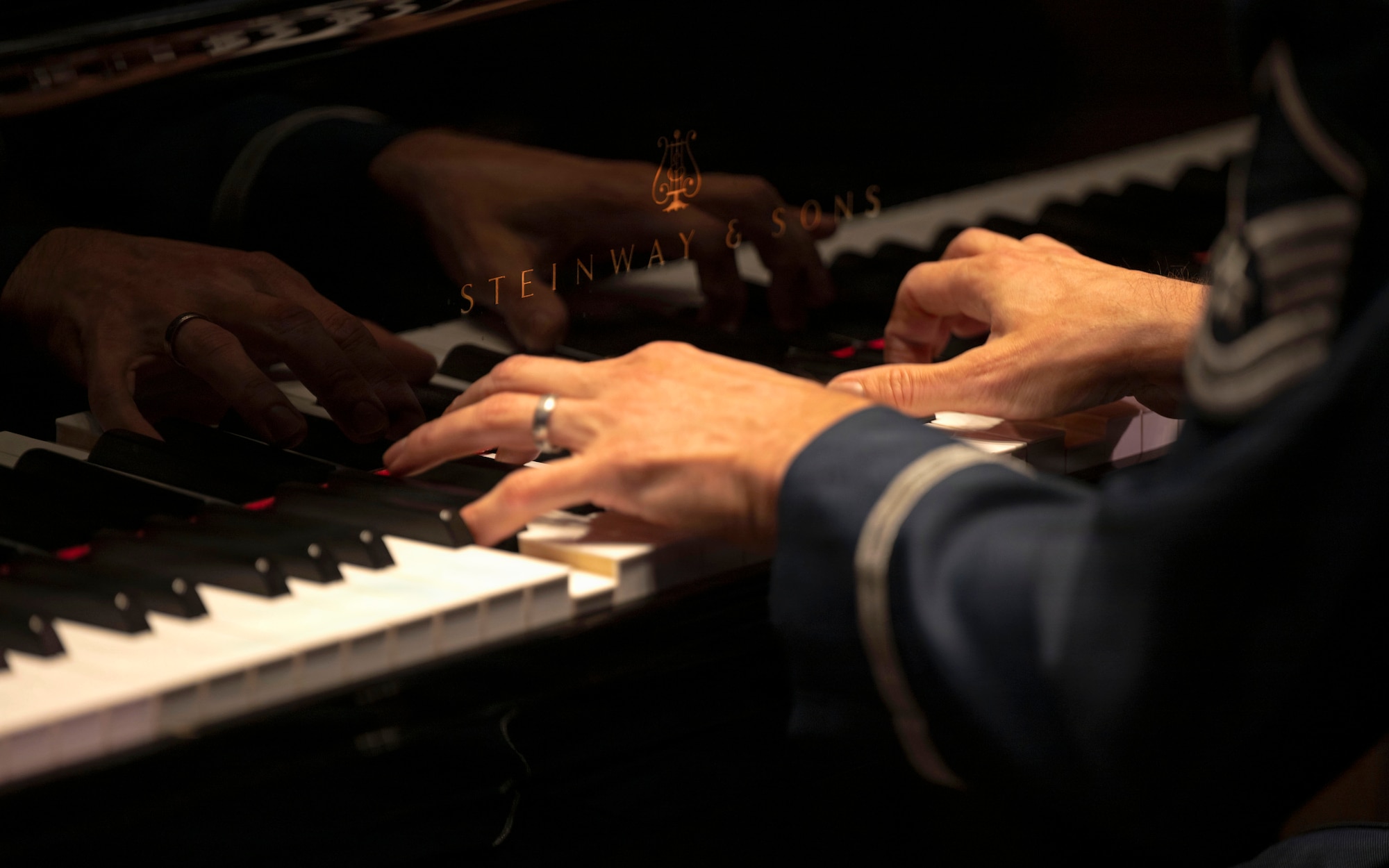 U.S. Air Force Master Sgt. Christopher Ziemba, pianist for the U.S. Air Force Band’s Airmen of Note, plays the piano during the group’s 75th anniversary concert in Alexandria, Va., Sept. 26, 2025. More than 20 band alumni and 1,000 audience members attended the concert in celebration of the ensemble’s heritage. (U.S. Air Force photo by Staff Sgt. Jordan Powell)