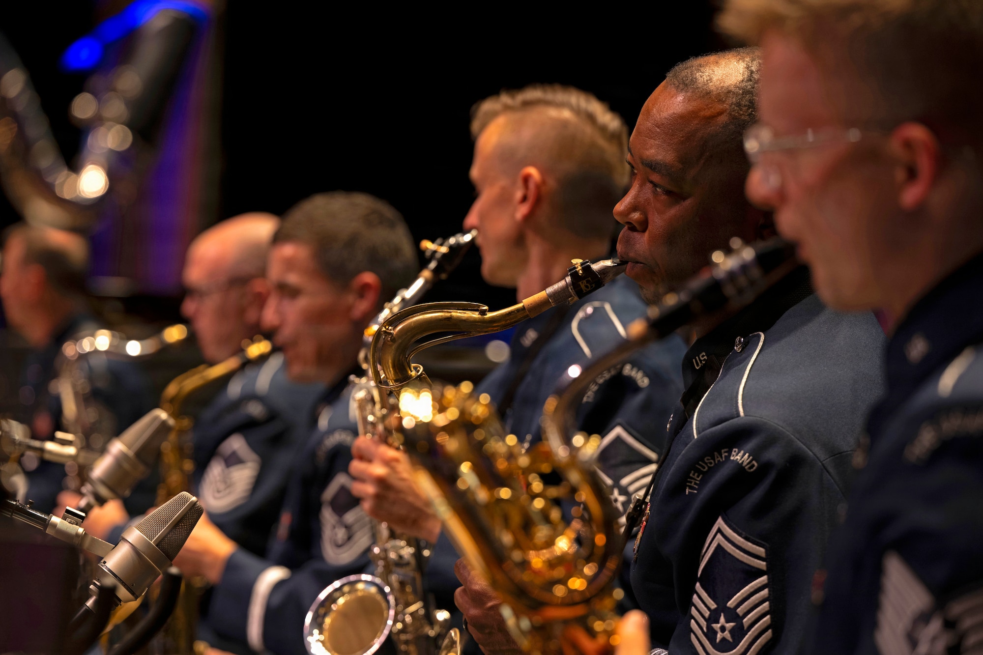 The U.S. Air Force Band’s Airmen of Note saxophone section plays during the group’s 75th anniversary concert in Alexandria, Va., Sept. 26, 2025. More than 20 band alumni and 1,000 audience members attended the concert in celebration of the ensemble’s heritage. (U.S. Air Force photo by Staff Sgt. Jordan Powell)