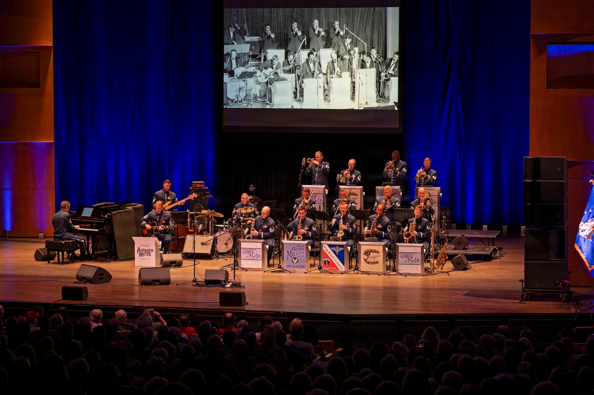 The U.S. Air Force Band’s Airmen of Note perform their 75th anniversary concert in Alexandria, Va., Sept. 26, 2025. Established in 1950, the group has direct historical lineage to The U.S. Army Air Corps Band led by U.S. Army Maj. Glenn Miller during WWII. (U.S. Air Force photo by Staff Sgt. Jordan Powell)