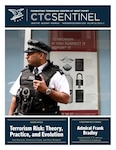 Cover of the CTC Sentinel publication featuring a police officer standing in front of an anti-terrorism awareness poster. The top banner reads ‘Combating Terrorism Center at West Point – CTC Sentinel.’ The main feature articles listed are ‘Terrorism Risk: Theory, Practice, and Evolution’ and an interview with Admiral Frank Bradley.