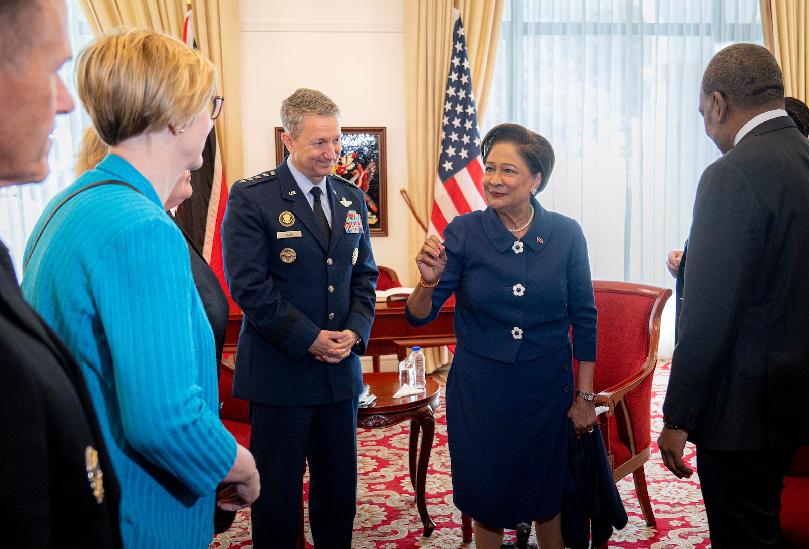 Chairman of the Joint Chiefs of Staff Gen. Dan Caine meets with Prime Minister Kamla Persad-Bissessar during an office call in Trinidad and Tobago