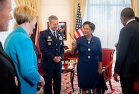 Chairman of the Joint Chiefs of Staff Gen. Dan Caine meets with Prime Minister Kamla Persad-Bissessar during an office call in Trinidad and Tobago
