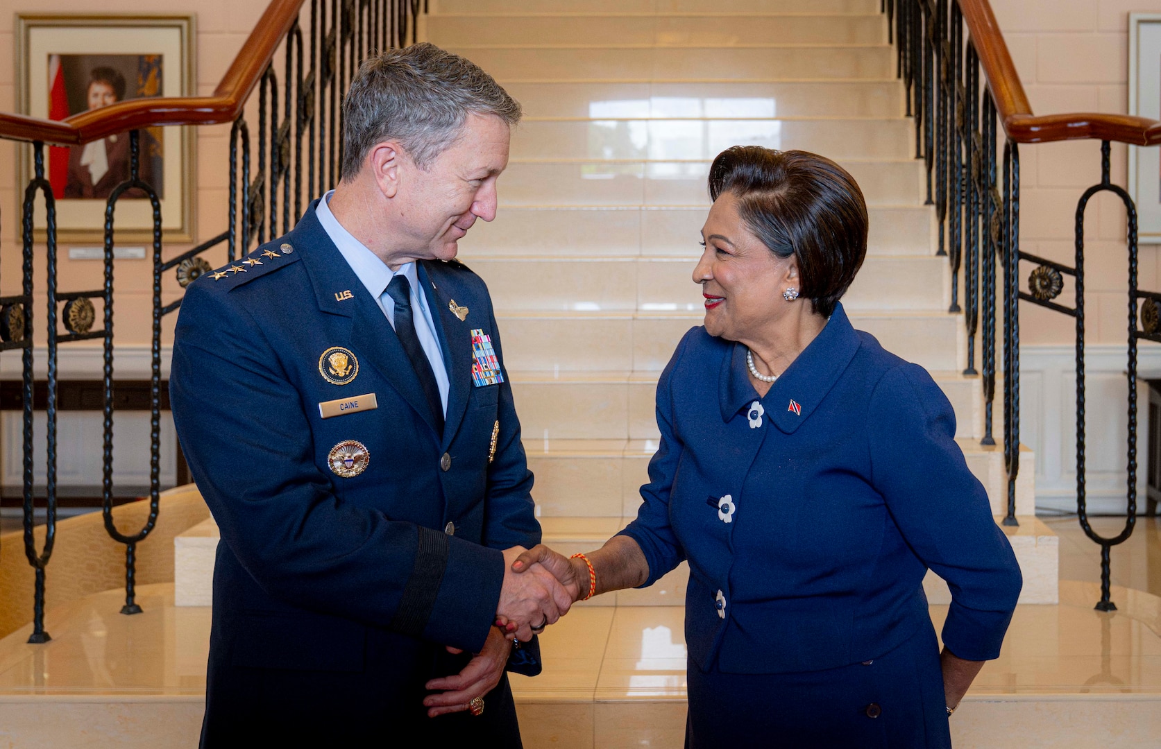Chairman of the Joint Chiefs of Staff Gen. Dan Caine meets with Prime Minister Kamla Persad-Bissessar during an office call in Trinidad and Tobago