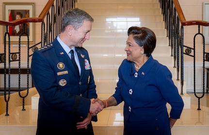 Chairman of the Joint Chiefs of Staff Gen. Dan Caine meets with Prime Minister Kamla Persad-Bissessar during an office call in Trinidad and Tobago