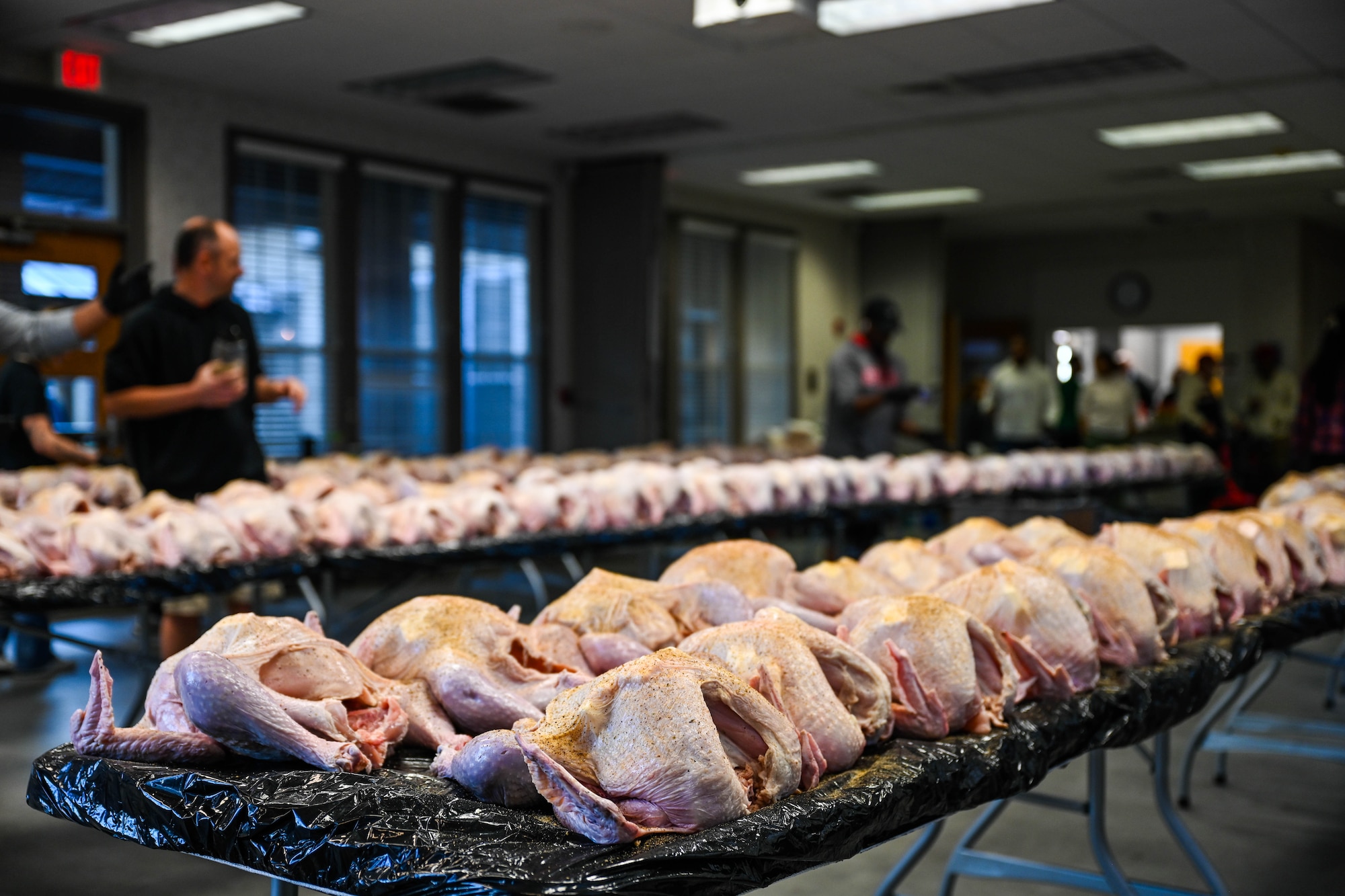 A row of raw turkeys on a table.