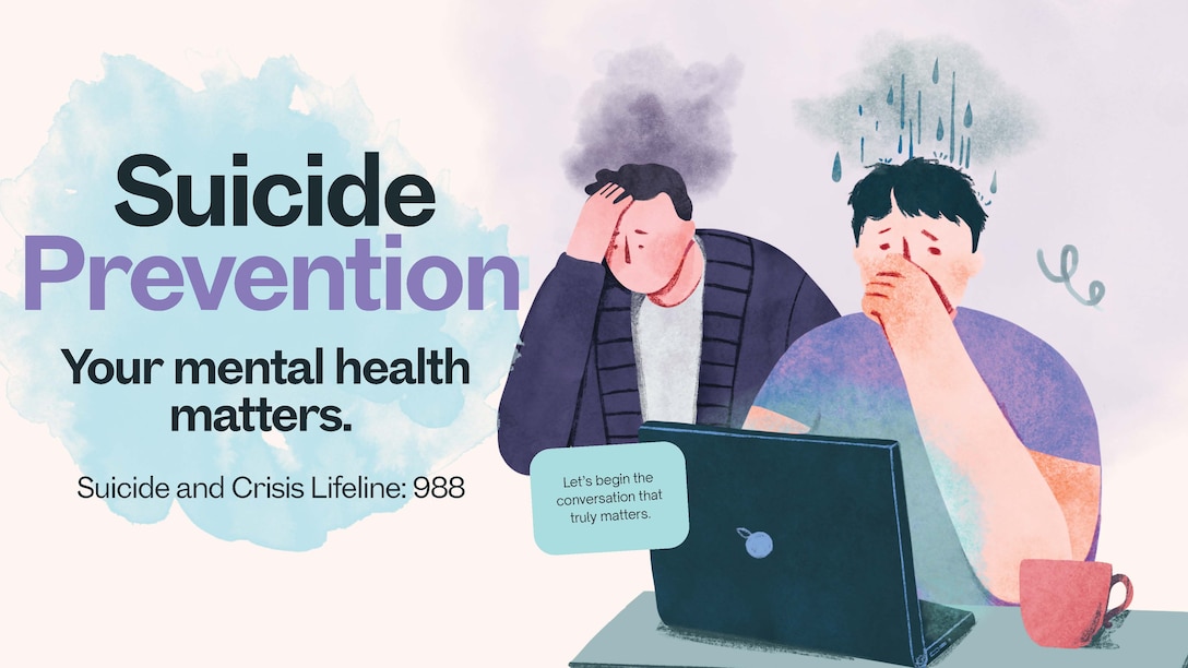 Two people are sad as storm clouds hang over their heads. Beside them is the Suicide Crisis Lifeline number