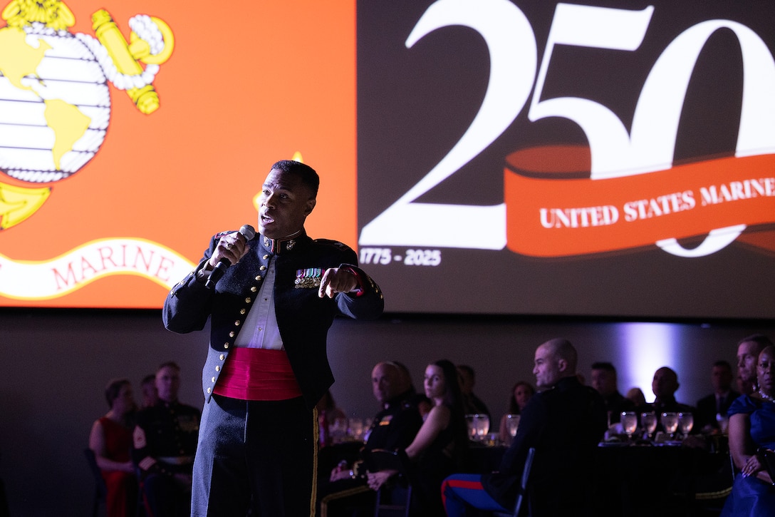 U.S. Marine Corps Col. David Merles, commanding officer of Blount Island Command, delivers remarks Nov. 21 during the 250th Marine Corps Birthday ball at Deerwood Castle in Jacksonville, Florida. Merles spoke about legacy, unity and professionalism, celebrating the Marine Corps’ ongoing mission excellence and the people driving its pivotal role in global operations. (Official Marine Corps photo by Dustin Senger)