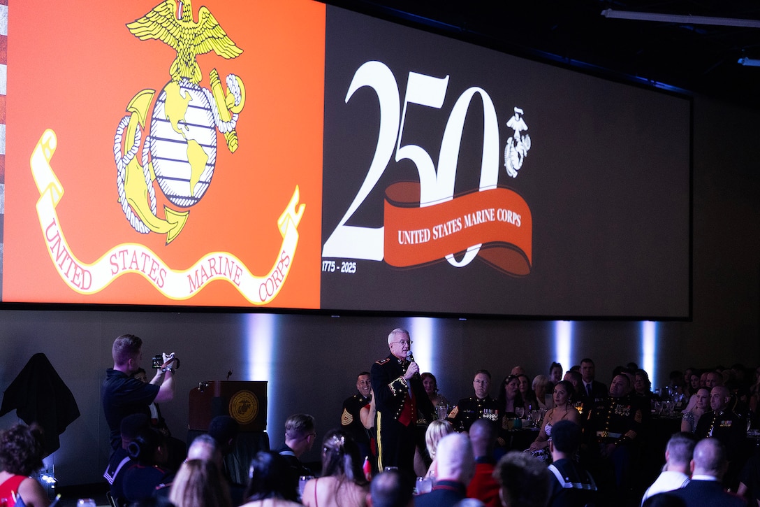 Guest of honor James “Hammer” Hartsell, a retired Marine Corps major general and delivers remarks during the 250th Marine Corps birthday ball ceremony hosted Nov. 21 by Blount Island Command at Deerwood Castle in Jacksonville, Florida. The executive director of the Florida Department of Veterans’ Affairs recognized the sacrifices and achievements of Marines throughout history. (Official Marine Corps photo by Dustin Senger)