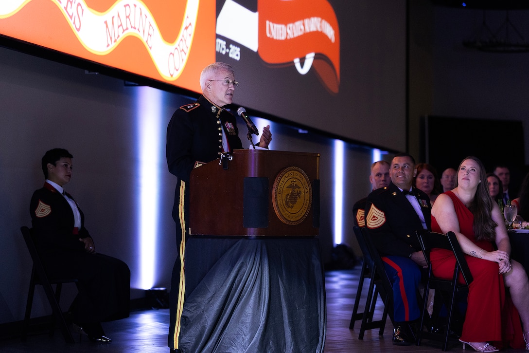 Guest of honor James “Hammer” Hartsell, a retired Marine Corps major general and delivers remarks during the 250th Marine Corps birthday ball ceremony hosted Nov. 21 by Blount Island Command at Deerwood Castle in Jacksonville, Florida. The executive director of the Florida Department of Veterans’ Affairs recognized the sacrifices and achievements of Marines throughout history. (Official Marine Corps photo by Dustin Senger)
