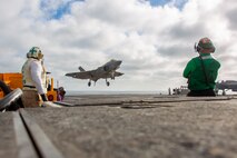 An F-35C Lightning II, attached to Marine Fighter Attack Squadron (VMFA) 314, prepares to make an arrested landing on the flight deck of Nimitz-class aircraft carrier USS Abraham Lincoln (CVN 72) on Nov. 23, 2025.