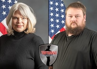 A collage of two portraits of people posing in front of an American flag and gray background.