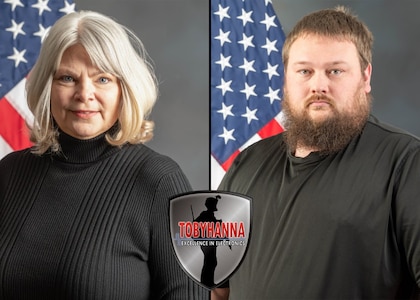A collage of two portraits of people posing in front of an American flag and gray background.