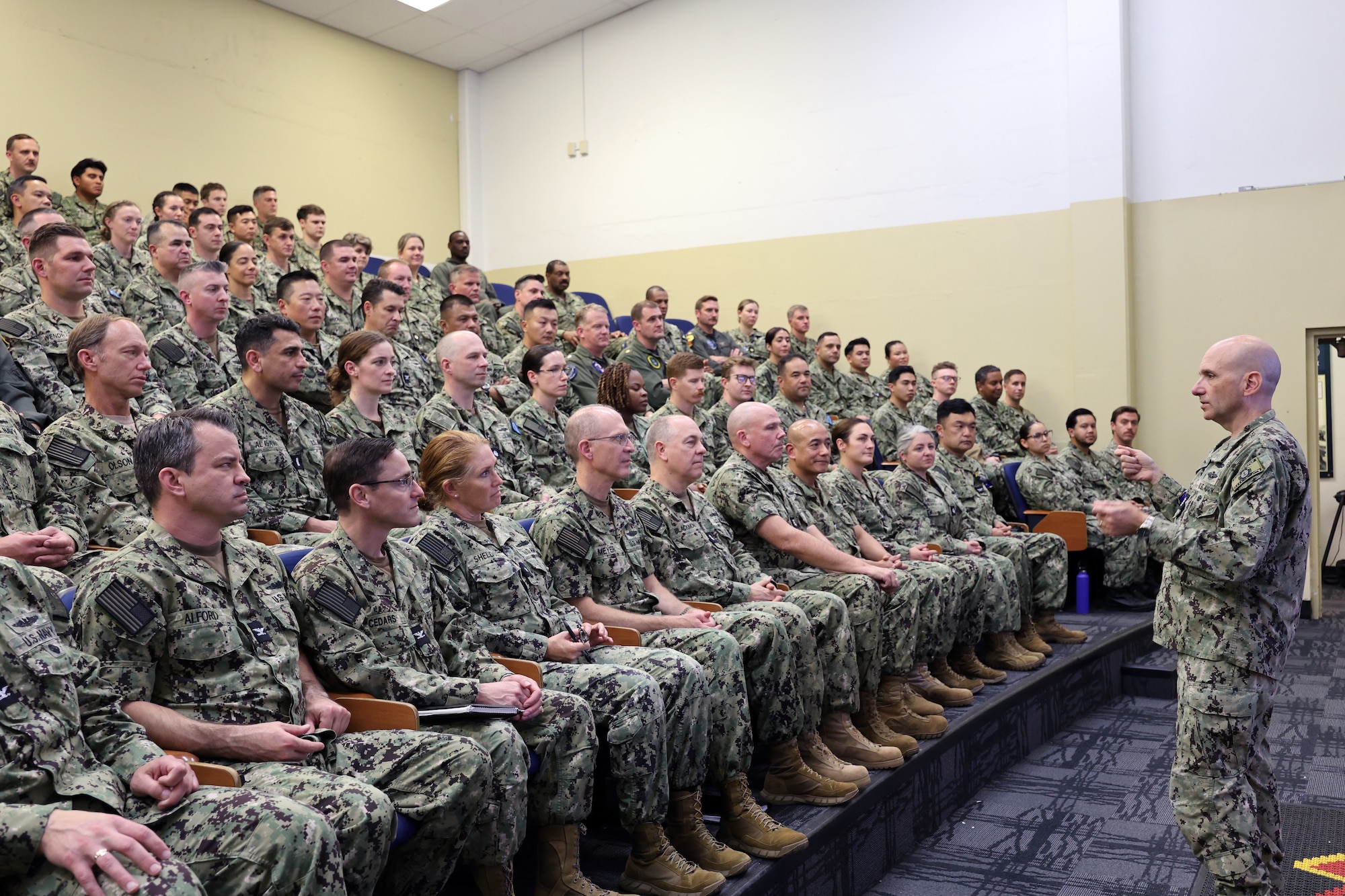 SAN DIEGO (Nov. 8, 2025) Rear Adm. Kenneth Blackmon, vice commander, U.S. Fleet Forces Command, speaks to Sailors participating in Exercise MAKO Global 2025 onboard Naval Amphibious Base Coronado, Nov. 8. The MAKO series provides Reserve Sailors and officers hands-on experience within an Operational Level of War (OLW) exercise including a Maritime Operations Center (MOC) scenario in a safe training environment so they are better prepared to support their active duty counterparts during missions and real-world situations. (U.S. Navy photo by Mass Communication Specialist 1st Class Kyle Carlstrom)